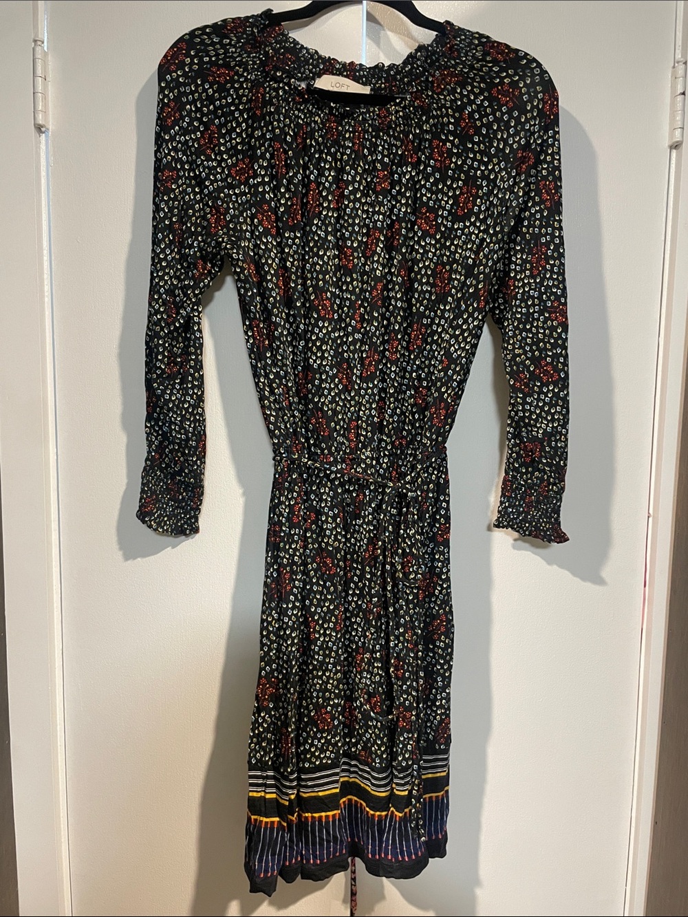 LOFT Black Floral Long-Sleeve Dress with Red Accents